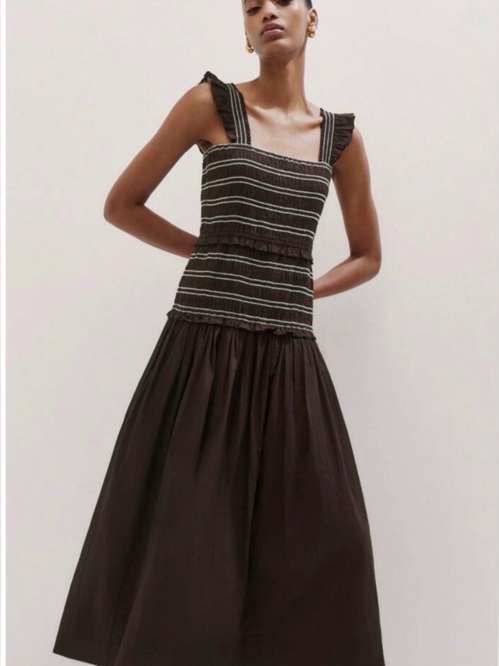 ME+EM Cotton Poplin Contrast Stitch Midi Smocked Dress - chocolate brown size 10